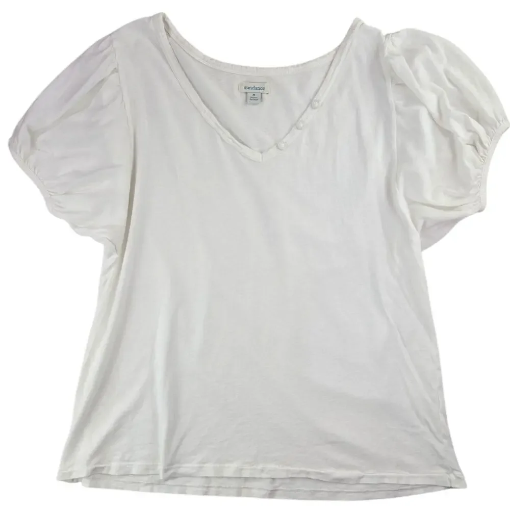 Sundance | White, Puff Sleeve Henley w/ V-Neck| Size Medium - Picture 1 of 4